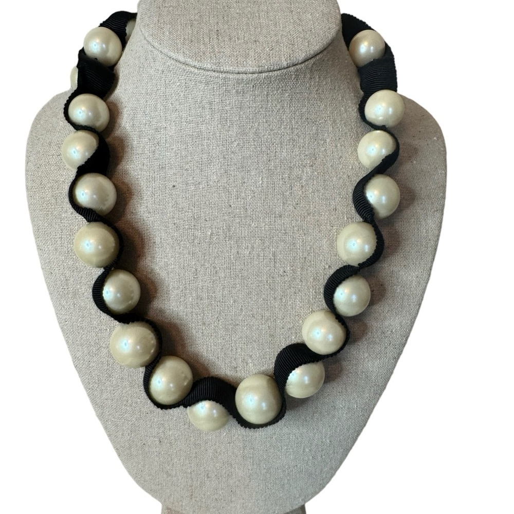 Stella and Dot Jenna large pearl and black ribbon statement necklace